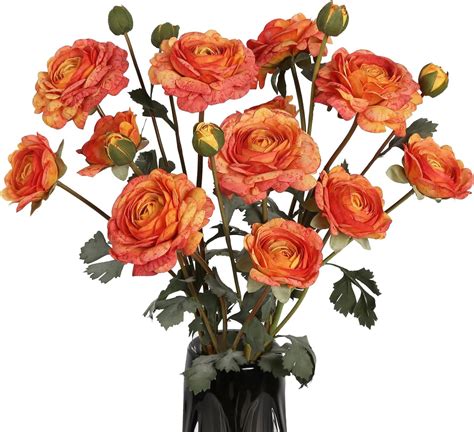 Silk Ranunculus Orange Artificial Flower 5Heads '' Long Stems Realistic ...