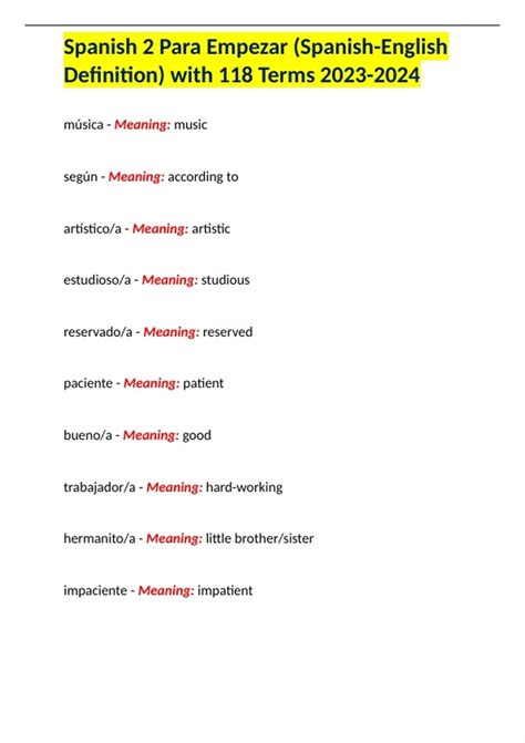 Spanish 2 Para Empezar (Spanish-English Definition) with 118 Terms ...