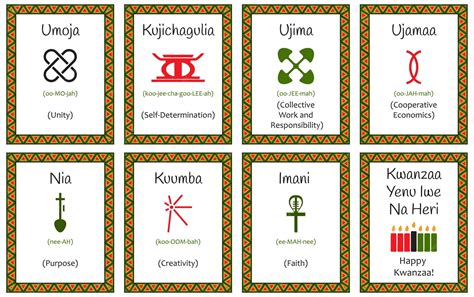 A set of cards with seven signs of the kwanzaa principles symbol with ...