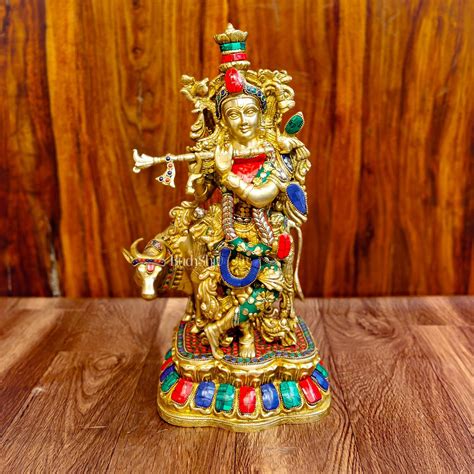 Buy Handcrafted Divine Brass Krishna with cow Statue 17 inch - Budhshiv.com