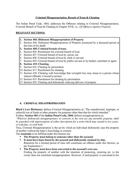 Criminal Misappropriation, Breach of Trust & Cheating - Criminal ...