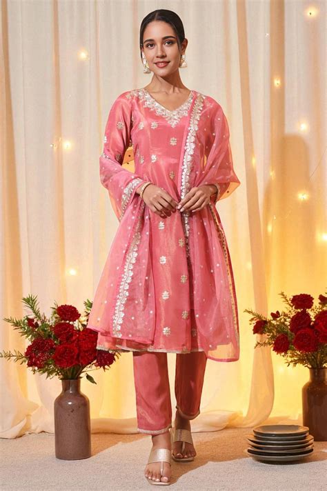 Buy Coral Pink Zari Embroidered Anarkali Kurta, Trousers and Dupatta ...