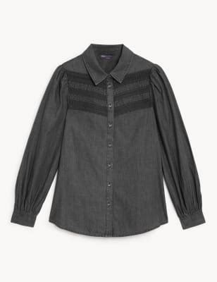 Denim Collared Pintuck Shirt