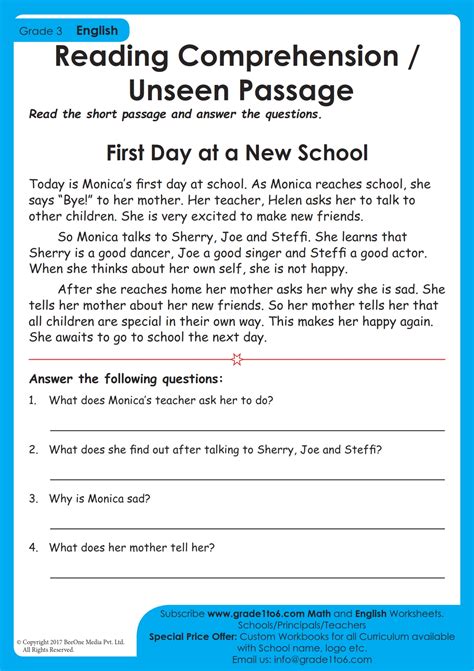 Reading Comprehension Worksheet Grade 3 | Grade1to6.com - Worksheets ...