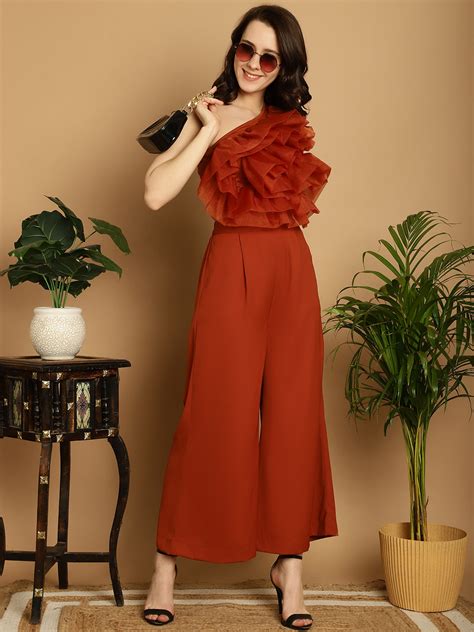 Brown Organza Frill Crop Top With Trouser