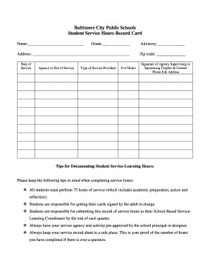 2011 MD Baltimore City Public Schools Student Service Hours Record Form ...