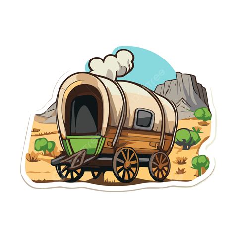 Sticker Of An Old Wooden Covered Wagon With Mountains On It Clipart ...