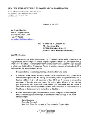 Fillable Online Re: Certificate of Completion The Huguenot Site NYSDEC ...