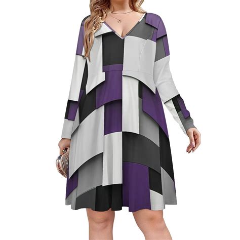 Abstract Geometric Art, Purple Black Grey Long Sleeve Dresses For Women ...