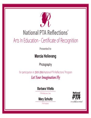 National PTA Reflections Arts In Education Certificate Of Recognition ...