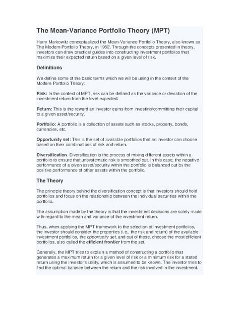 Mean Variance and Portfolio Theory Markowitz Model - The Mean-Variance ...