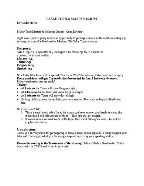 Image result for Table Topics Script Toastmasters