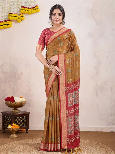 Buy Mustard Yellow Poly Crepe Festive Wear Saree With Blouse Piece ...
