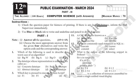 12th Computer Science Public Exam Question Paper & Answer Key English ...
