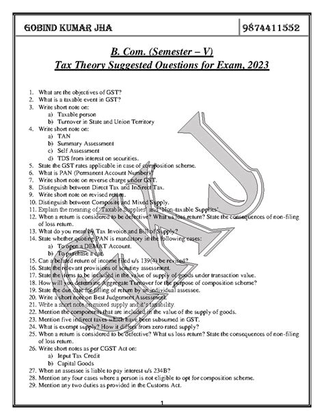 Sem - V Tax Suggested Questions - 1 GOBIND KUMAR JHA 9874411552 B. Com ...