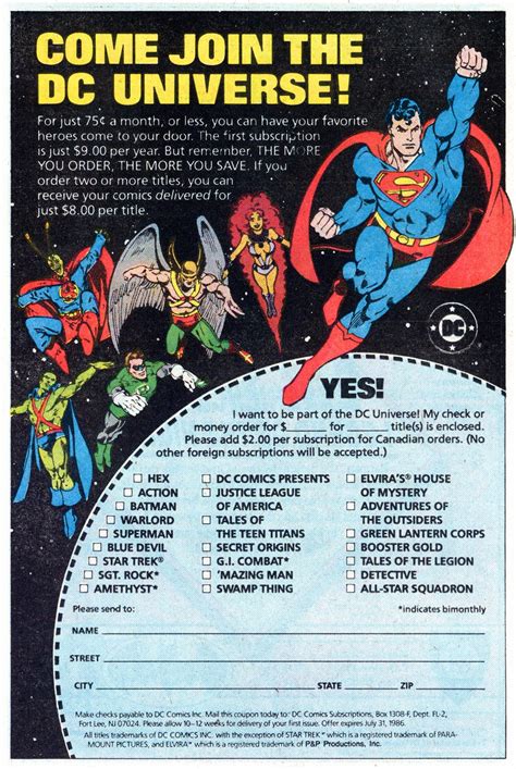DC Comics of the 1980s: 1986 - DC Subscription House Ad