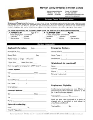 Fillable Online Marmon Valley Ministries Christian Camps Junior Staff ...