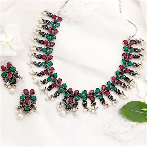 Niranjana Multi colored Silver Oxidized Necklace Set – Teejh