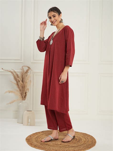 Ruby Maroon Kantha V Neck Kurta Pant Set