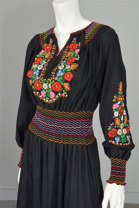 Vtg Embroidered Flowers on Black Hungarian style Peasant Dress ...