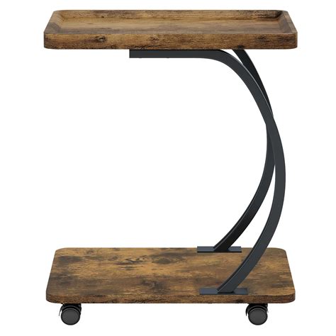 Demi Bonn Industrial C-Shaped End Table with Wheels - Wood Tabletop ...
