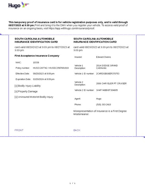 HUGO Temporary Proof of Auto Insurance - Valid Until 08/27/2023 - Studocu