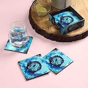 TEMPUS STUDIO 6-Piece Enamel Coated MDF Wood Coaster Set with Stand ...