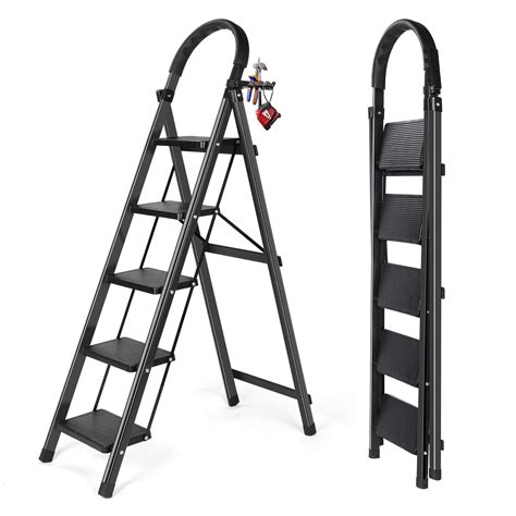 5 Step Ladder with Anti-Slip Pedal - Folding Step Stool with Tool Tray ...