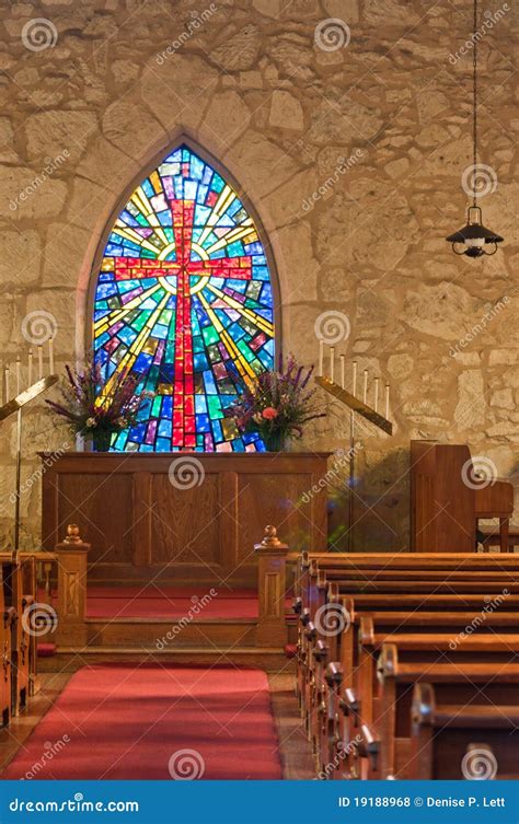 Church Interior with Stained Glass WIndow Stock Photo - Image of church ...