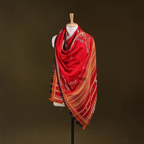 Red Kutch Handwoven Mirror Work Acrylic Wool Shawl