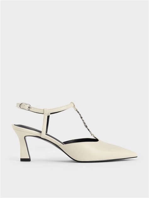 Chalk T-Bar Chain-Link Pointed-Toe Pumps - Chalk - CHARLES & KEITH IN