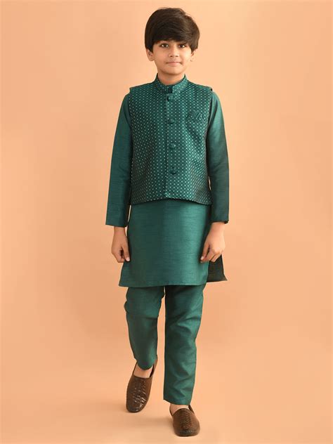 Solid Kurta Pajama Set with Embossed Nehru Jacket – Lilpicks