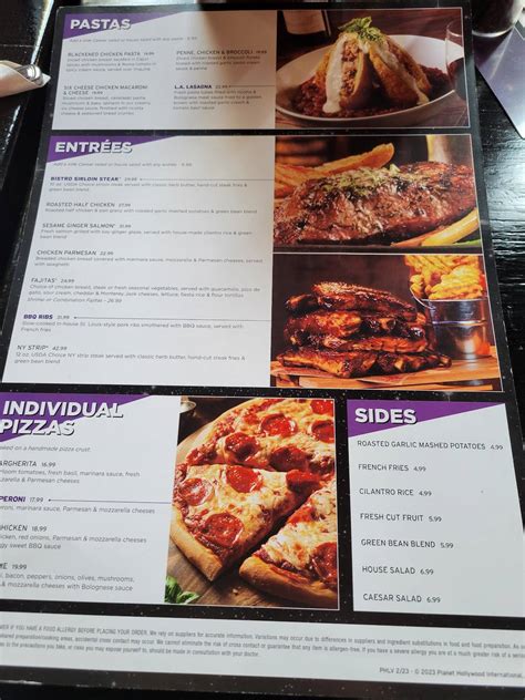 Menu at Planet Hollywood restaurant, Las Vegas, S Las Vegas Blvd