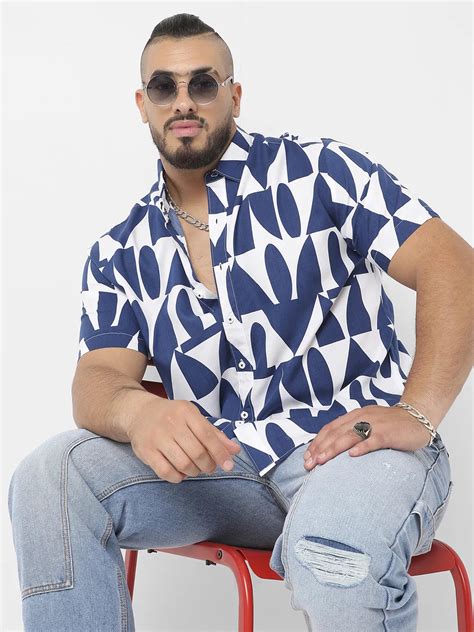Plus Size Men's White & Indigo Blue Geometric Block Shirt (3XL - 6XL ...