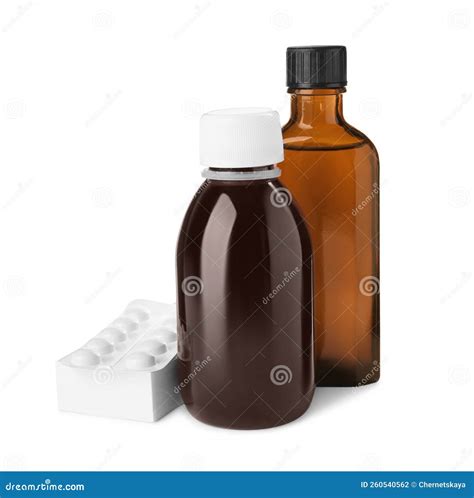 Bottles of Syrups with Pills on White Background. Cough and Cold ...
