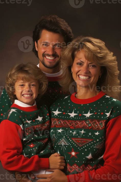 Family in 90s holiday sweaters cheerfully posing by a Christmas tree ...