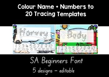 SA BEGINNERS FONT colour name + numbers to 20 tracing templates EDITABLE