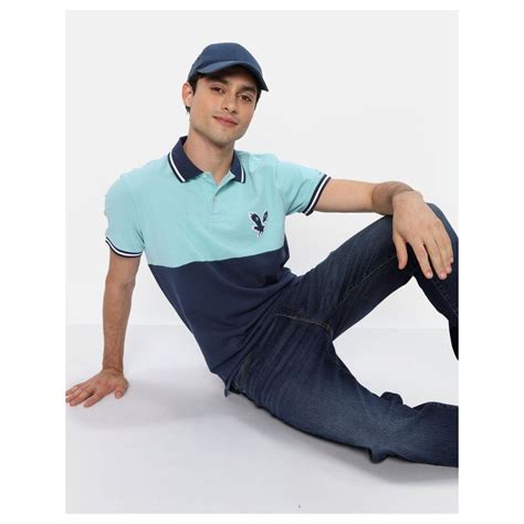 Buy American Eagle Men Blue Colorblock Pique Polo T-Shirt Online
