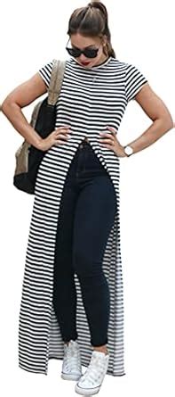Buy QUEEN ELLIE Women's Polyester Black-White Striped A-Line Maxi Shirt ...
