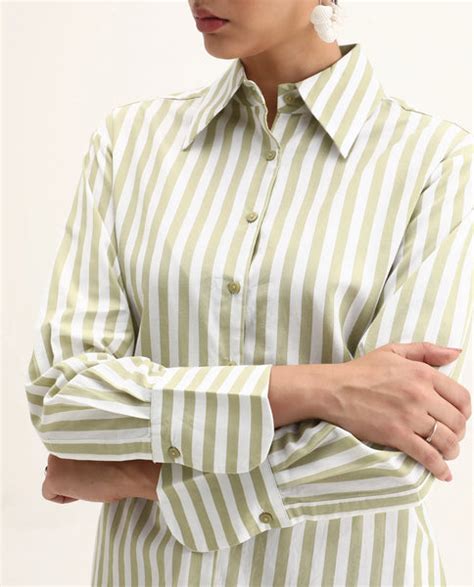 Rareism Women's Ronwoz Green Cotton Spread Collar Striped Cuffed Sleev