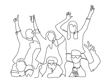 Premium Vector | Line art drawing of cheerful crowd. hands up. group of ...