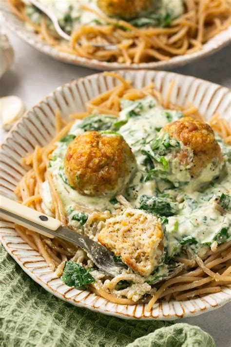Easy Ground Chicken Meatballs with Spinach Alfredo Sauce
