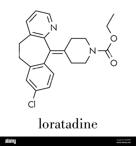 Loratadine antihistamine drug molecule. Used to treat hay fever, urticaria and allergies ...