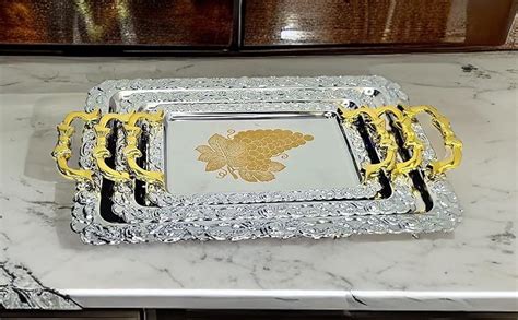 New Inning Rectangular Steel Serving Trays with Golden Printed Design 3 ...