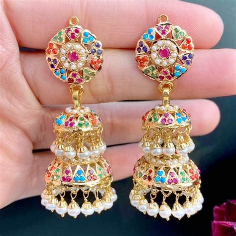 Navratna Jhumka Earrings | Chandelier Earrings in Gold | Indian Jewelry