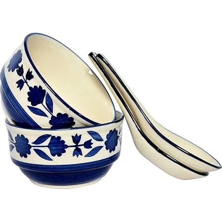 Buy Hs Hindustani Saudagar Ceramic Hand Painted Soup Bowls with Spoons ...