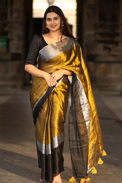 Black Silk Cotton Tissue Saree | Golden Border Saree - I Love Sarees