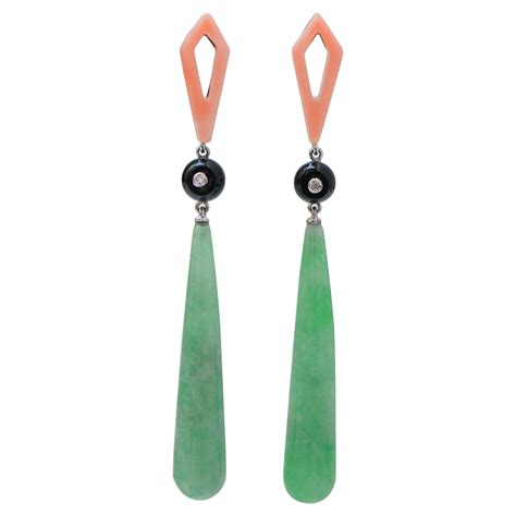 Jade, Coral, Onyx, Diamonds, Platinum Dangle Earrings For Sale at 1stDibs