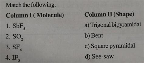 Match the following. Column I (Molecule) 1. SbF52. SO23. SF44 ...