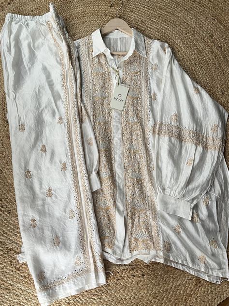 White & Brown Chanderi Silk Chikankari Co-ord Set – Designs By Mann